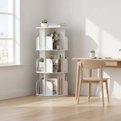 Rotating Bookshelf Tower showcasing 360° full rotation with easy access to books in a stylish home office setting.