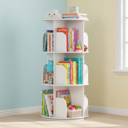 Rotating Bookshelf Tower displaying colorful books, toys, and decorative items in a bright room.