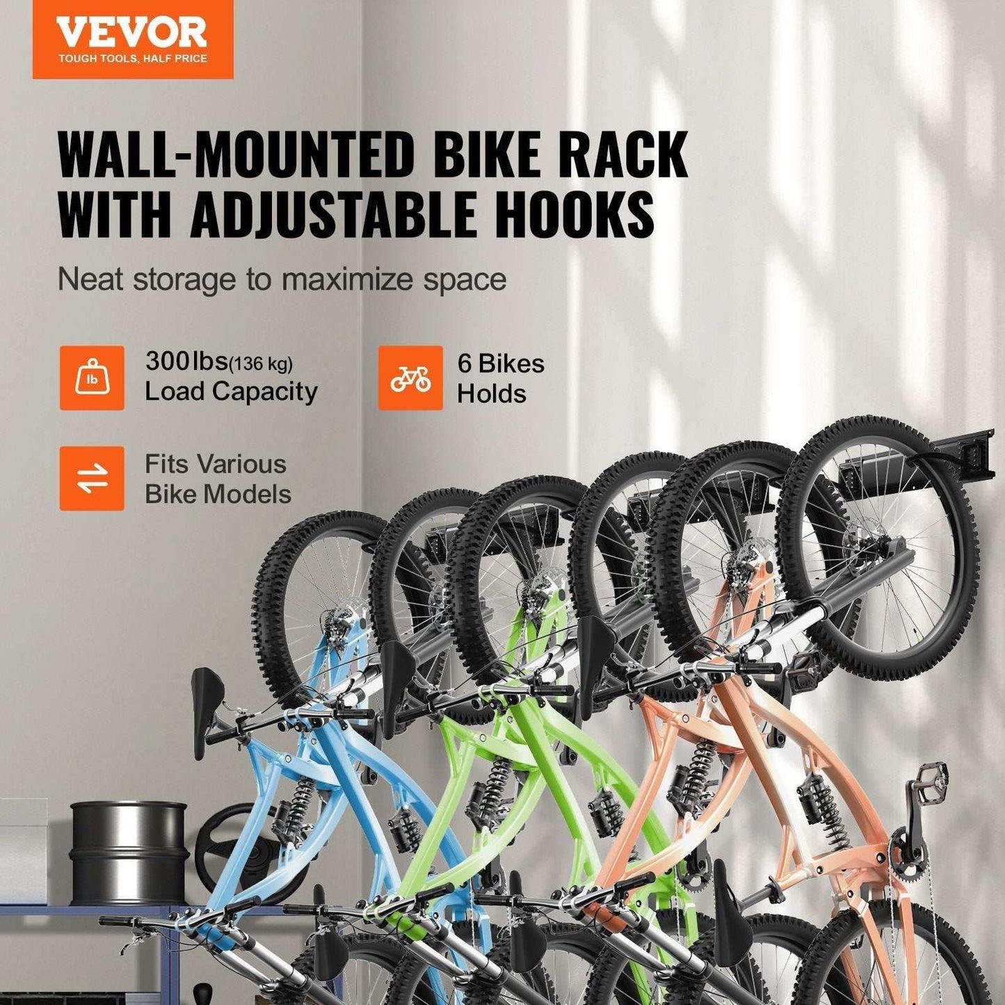 Easy Wall Mount Bike Organizer with 6 adjustable racks and 3 helmet hooks, metal storage rack holding up to 300 lbs for various bike sizes