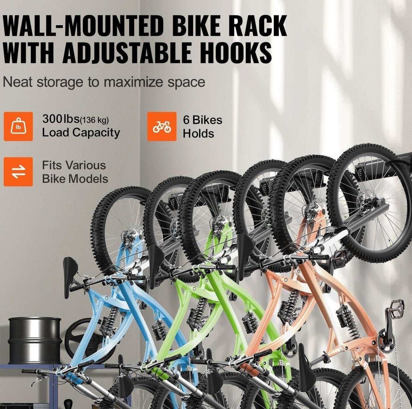 Easy Wall Mount Bike Organizer holding 6 bikes with adjustable hooks and 3 helmet hooks, heavy-duty metal rack with 300 lbs capacity for space-saving garage storage