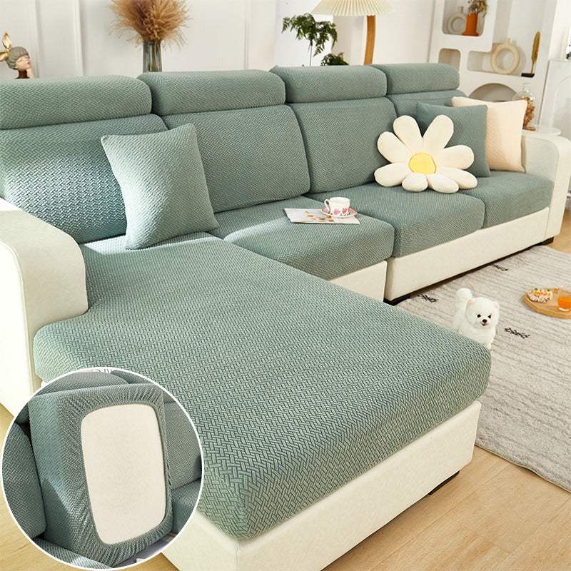 Modern sea blue elastic sofa slipcover with four-way stretch knit for all-season comfort and sofa protection