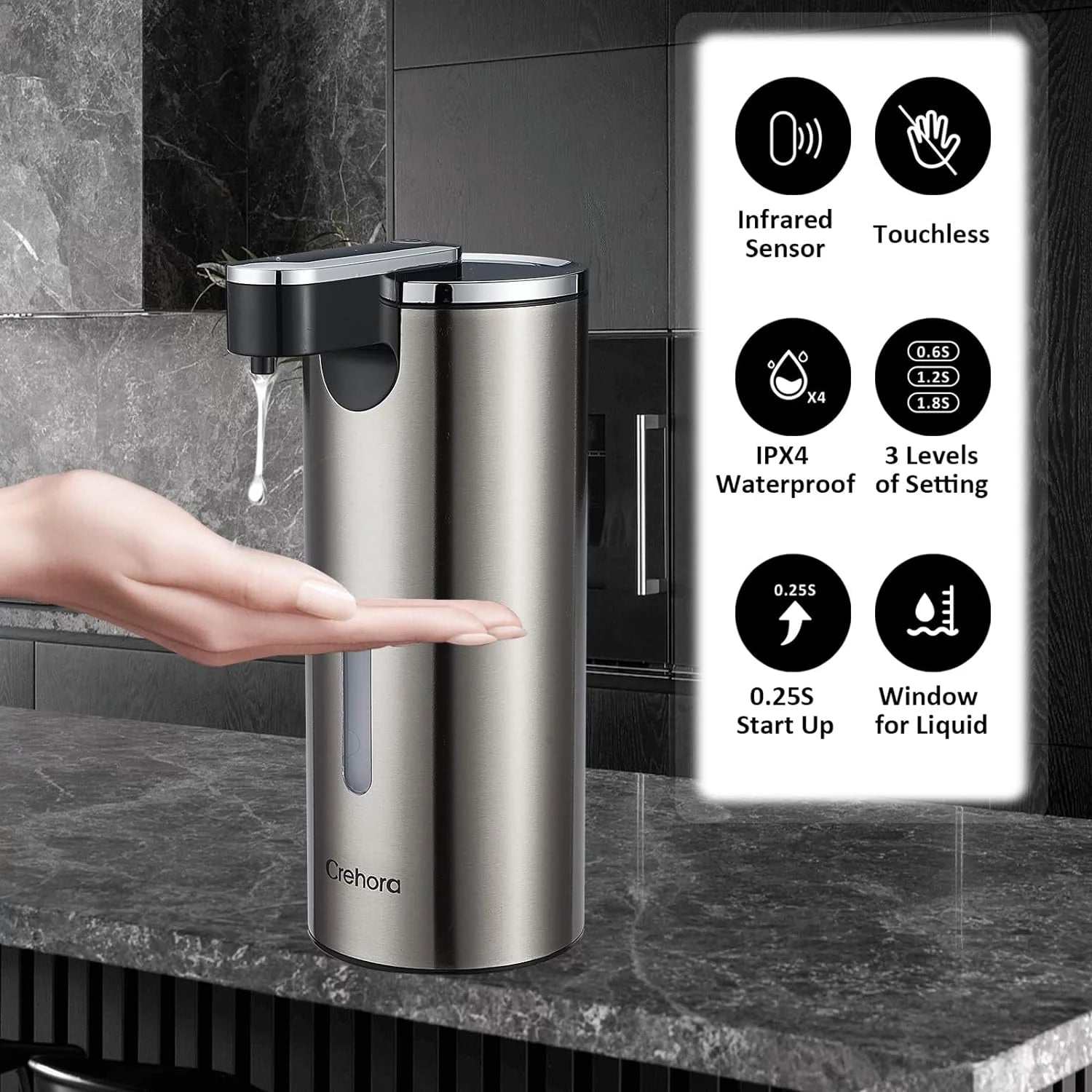 Touchless soap dispenser with infrared sensor, 3-level volume control, IPX4 waterproof, stainless steel design, and liquid window display