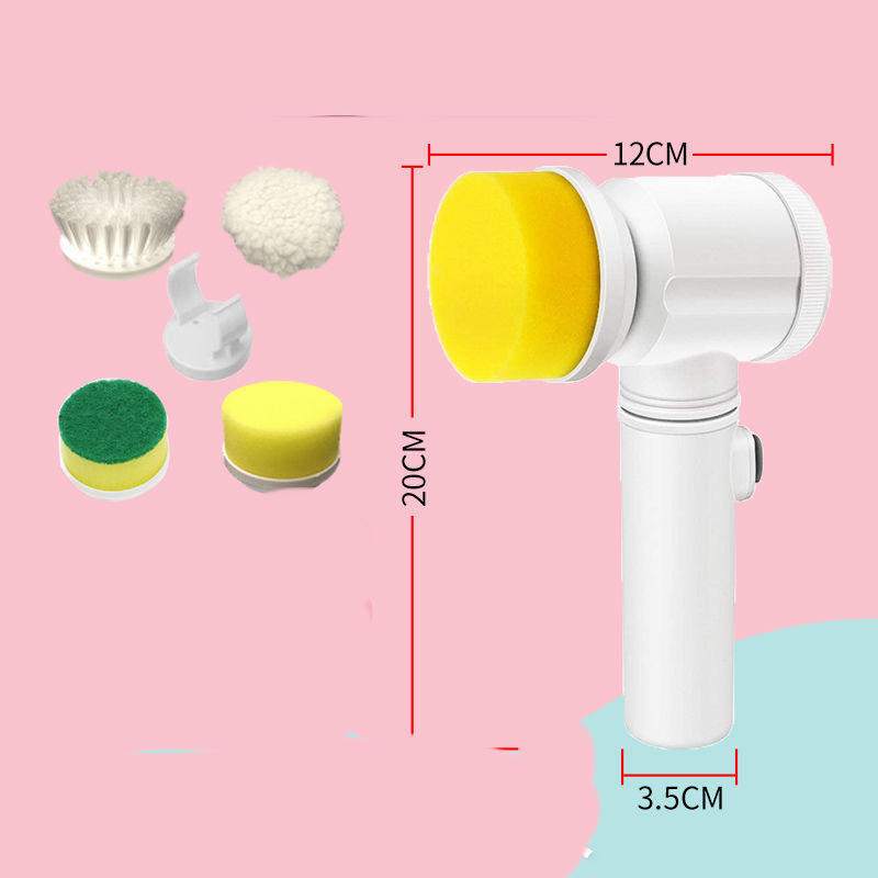 Effortless Kitchen Scrubber Brush with multiple replaceable heads including nylon, lambskin flannel, and sponge for thorough cleaning and moderate bristle hardness to protect kitchen surfaces.