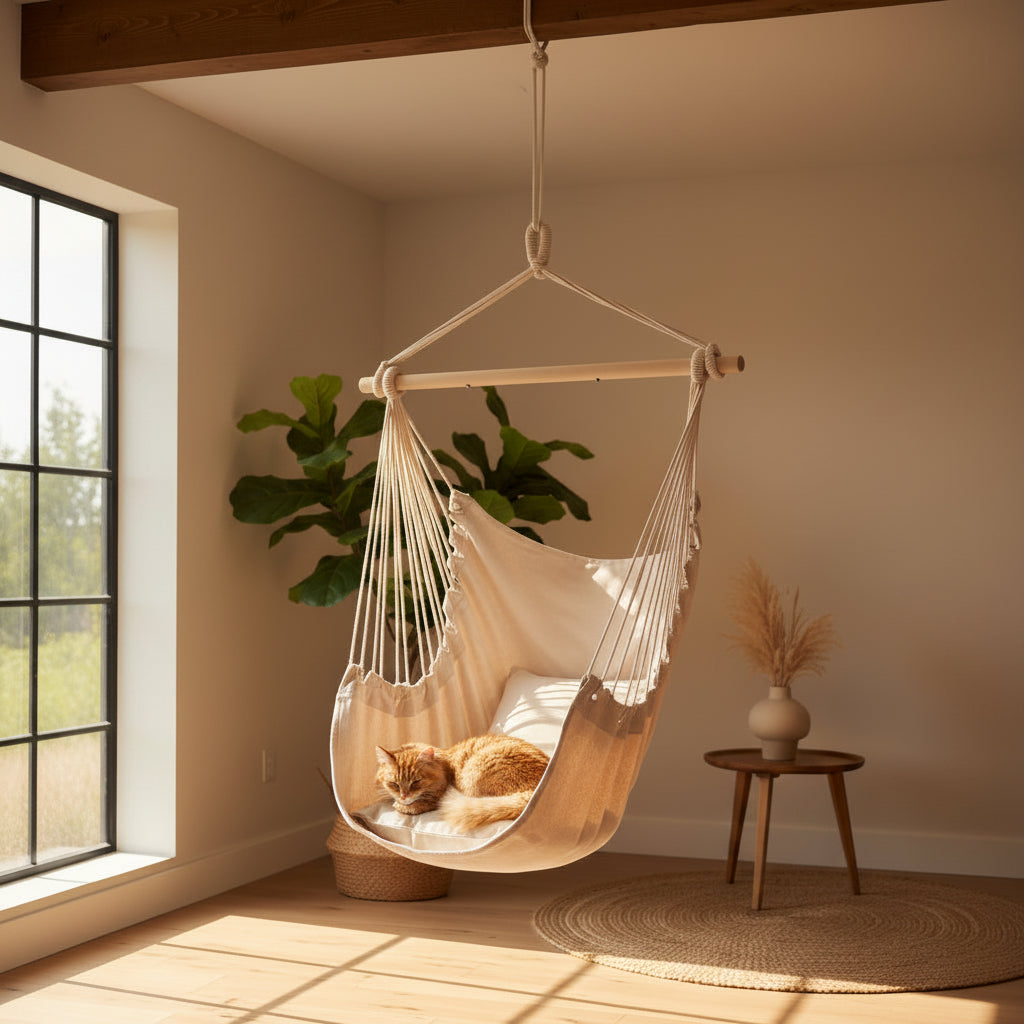 Hanging Rope Chair - cotton canvas swing with pillows, beige, front view