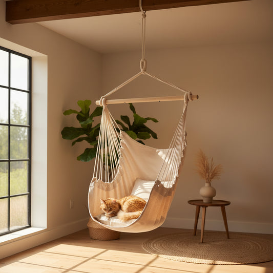 Hanging Rope Chair - cotton canvas swing with pillows, beige, front view
