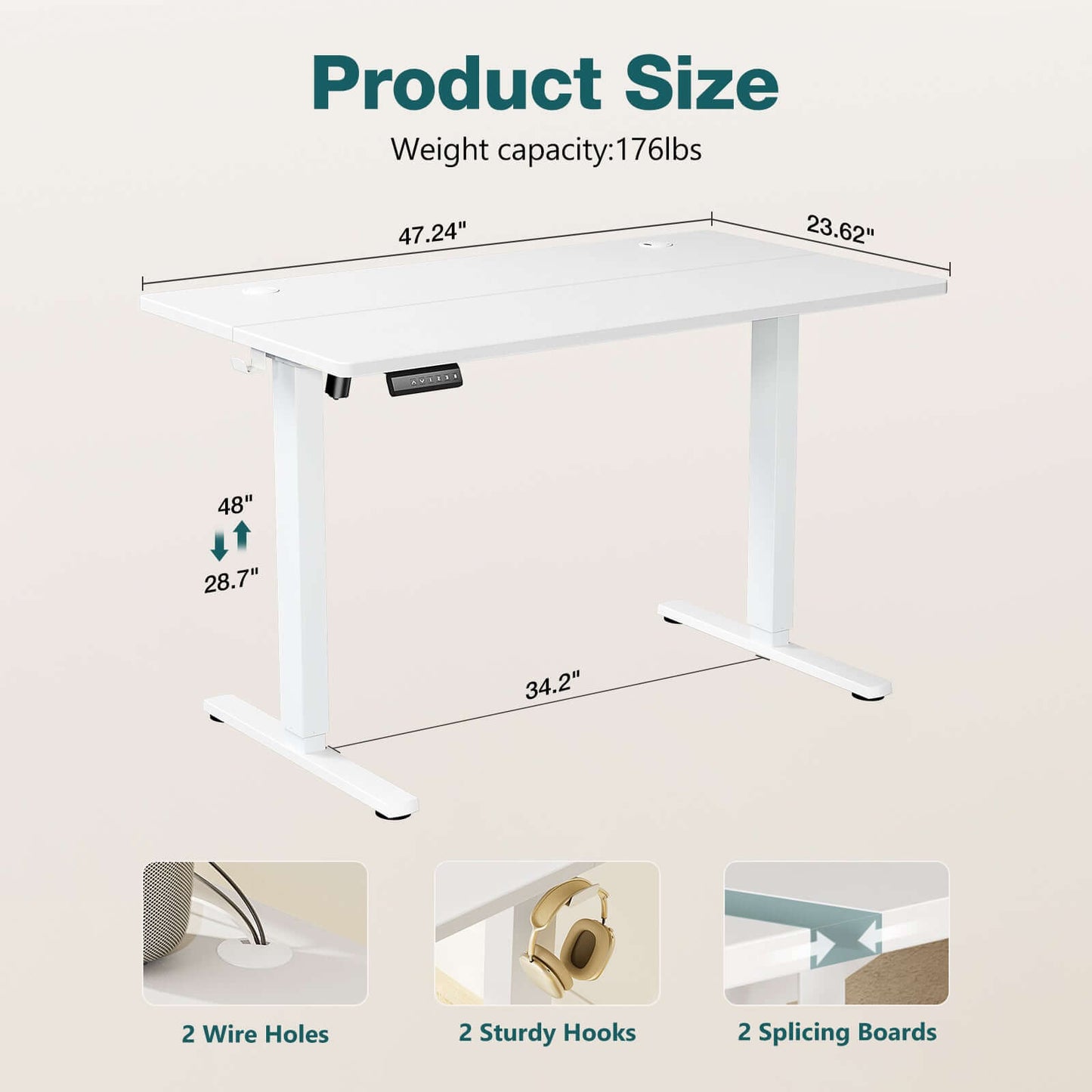 Ergonomic Height Adjustable Table showing product size and weight capacity of 176lbs with features like wire holes and sturdy hooks.
