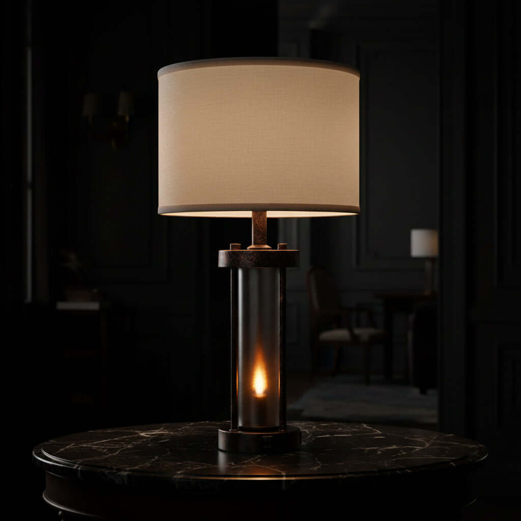 Farmhouse Bedside Table Lamps set of 2 with USB Port on a marble table in a dark setting.