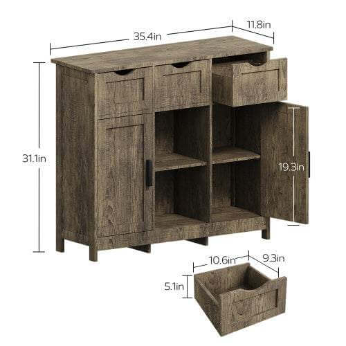 Versatile wooden storage cabinet with 3 drawers, 2 doors, and adjustable shelves in a gray engineered wood finish