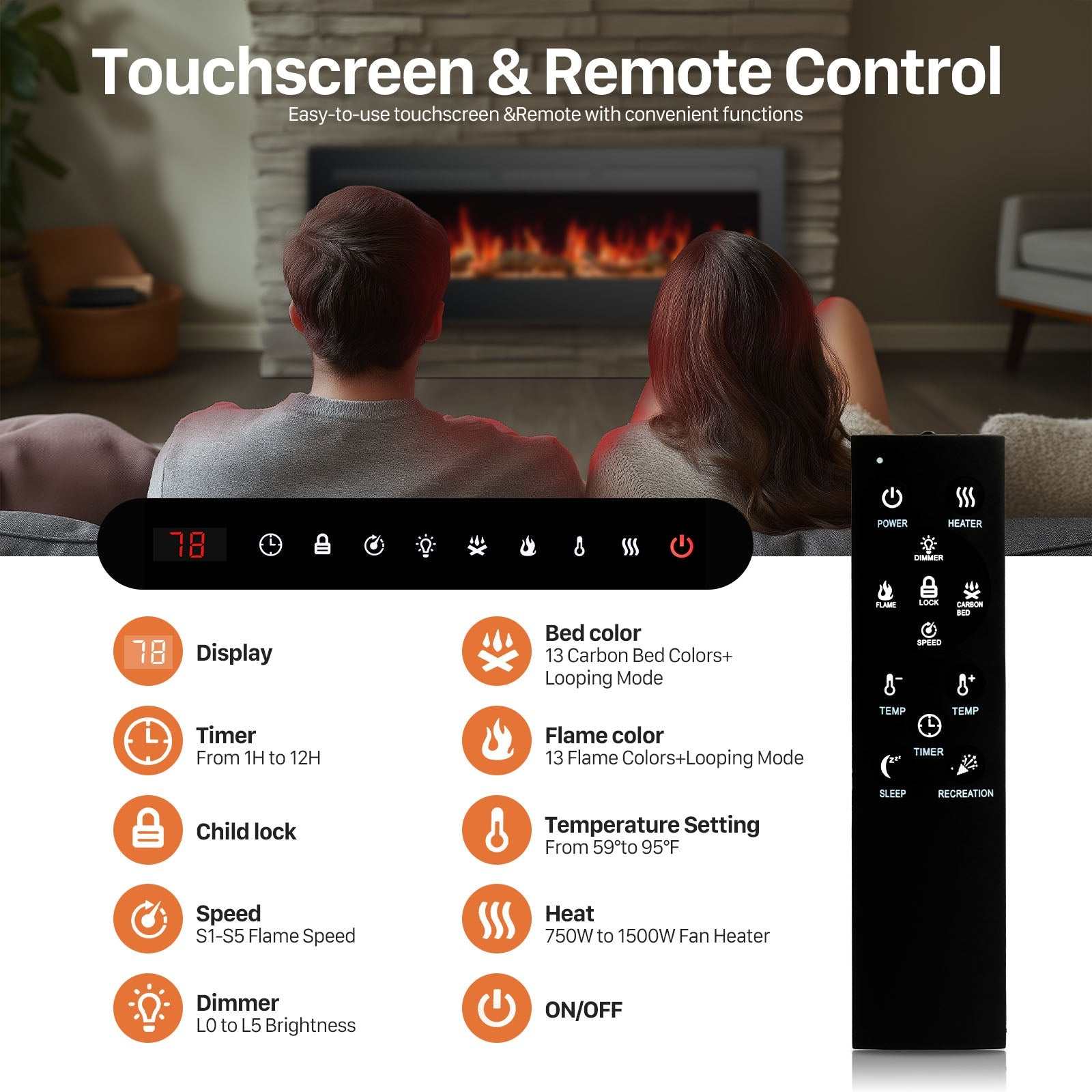 CozyFlame Electric Fireplace Insert remote control and touchscreen features with flame colors and temperature settings