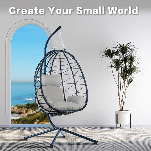 Cozy Hanging Egg Chair with metal frame and PP rattan, featuring plush PP cotton cushions for indoor and outdoor relaxation.