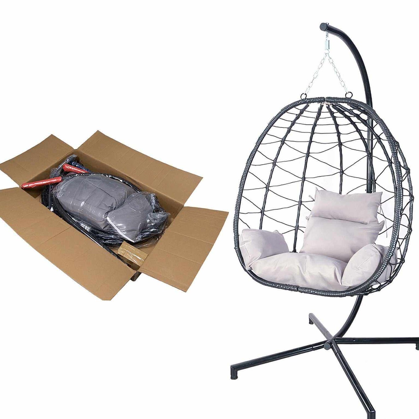 Cozy Hanging Egg Chair with metal frame, PP rattan, and plush light grey cushions, suitable for indoor and outdoor use.