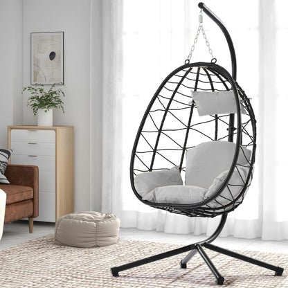 Cozy Hanging Egg Chair with black metal frame, grey cushions, indoor modern swing seat