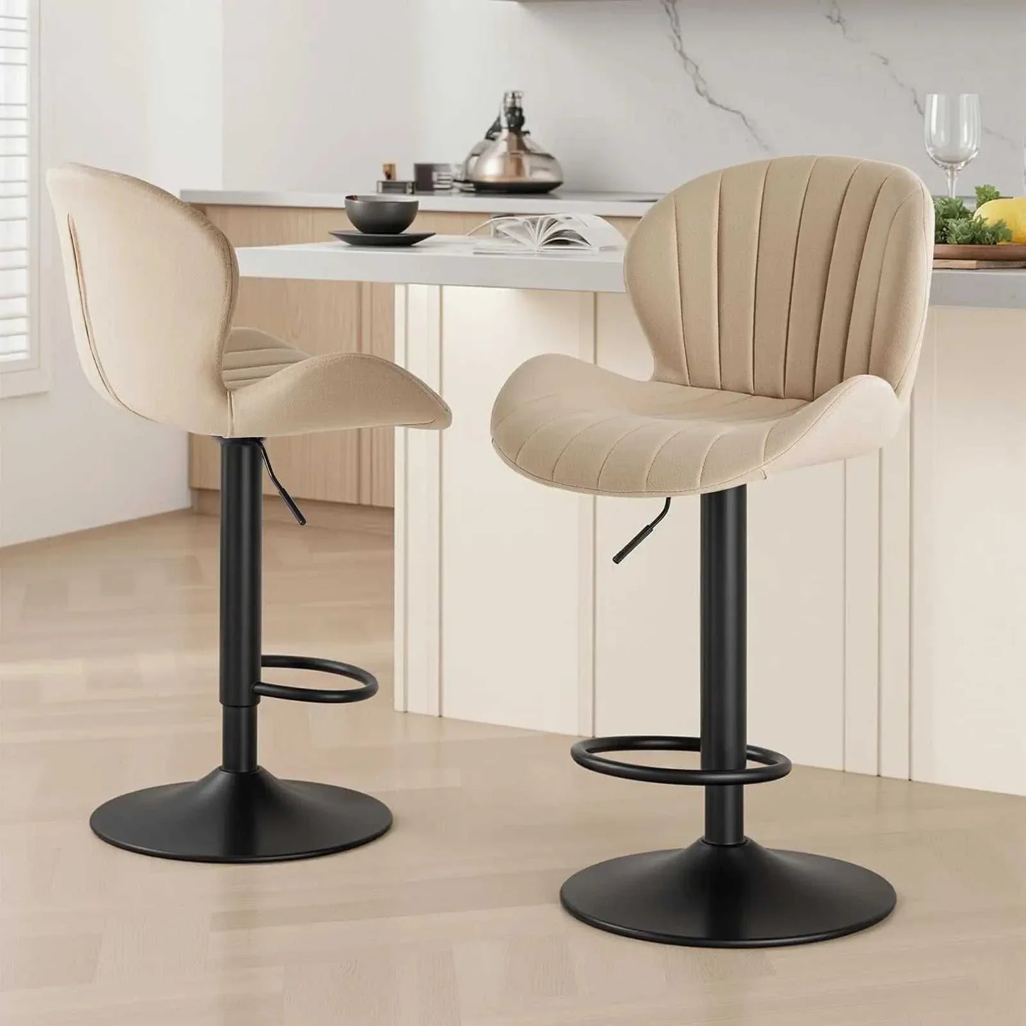 Elegant Swivel Dining Chairs Set of 2 in kitchen setting with beige upholstery and black swivel base