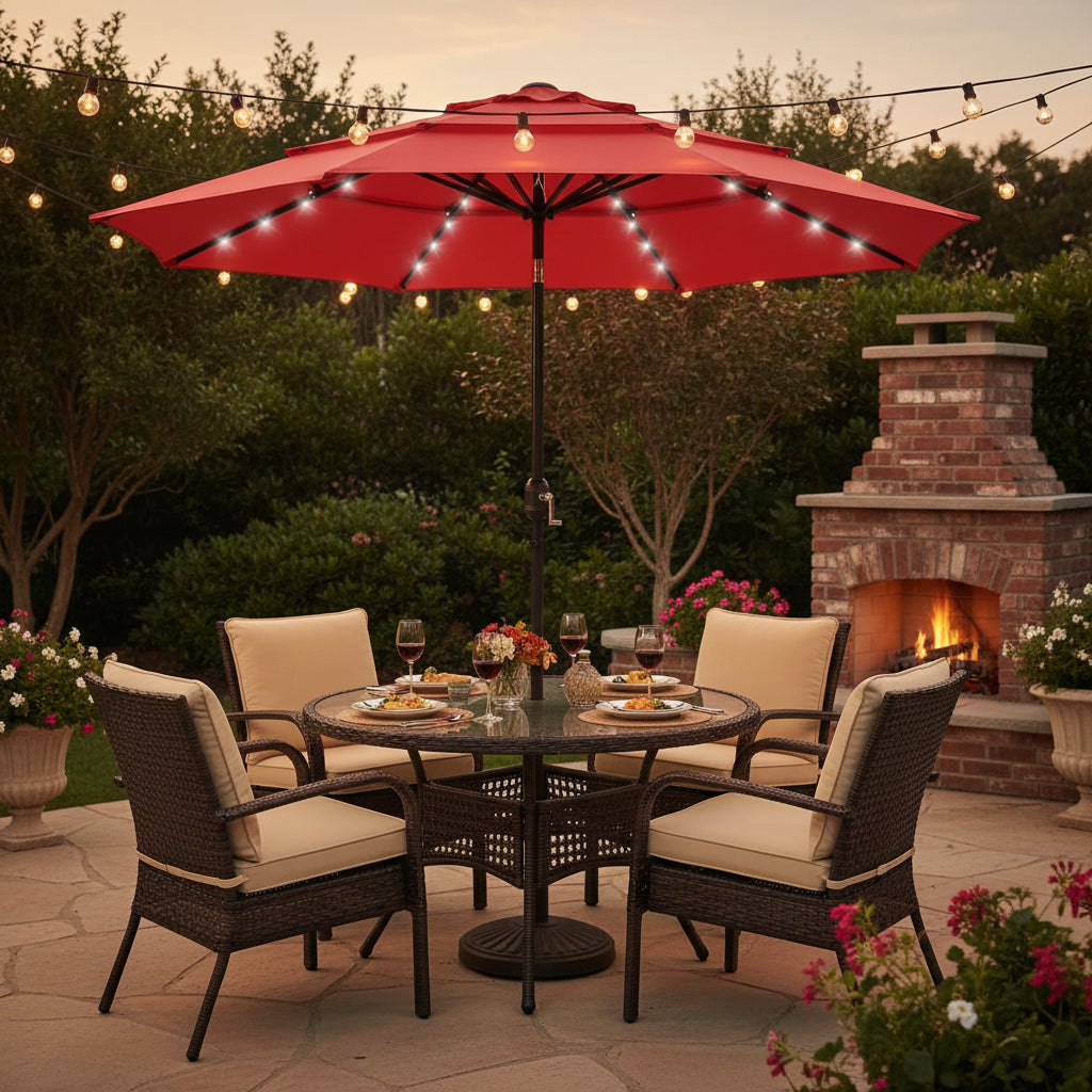 Red Patio Umbrella Solar Glow with LED lights and iron frame for outdoor shading and evening ambiance