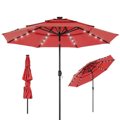 Red Patio Umbrella Solar Glow with LED lights and iron frame for outdoor shading and evening ambiance