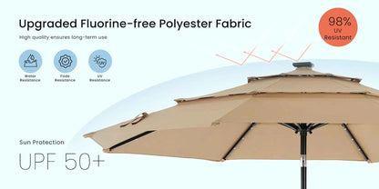 Patio Umbrella Solar Glow with LED featuring upgraded fluorine-free polyester fabric, water and UV resistant with UPF 50+ sun protection
