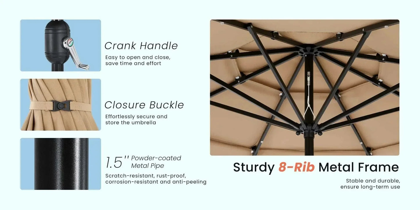 Patio umbrella solar glow with LED lights featuring 8-rib metal frame, crank handle, closure buckle, and powder-coated rust-resistant pole.