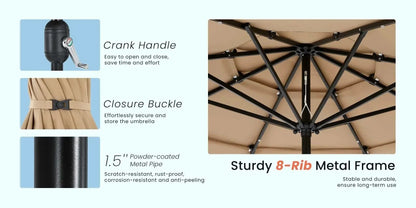 Patio umbrella solar glow with LED lights featuring 8-rib metal frame, crank handle, closure buckle, and powder-coated rust-resistant pole.