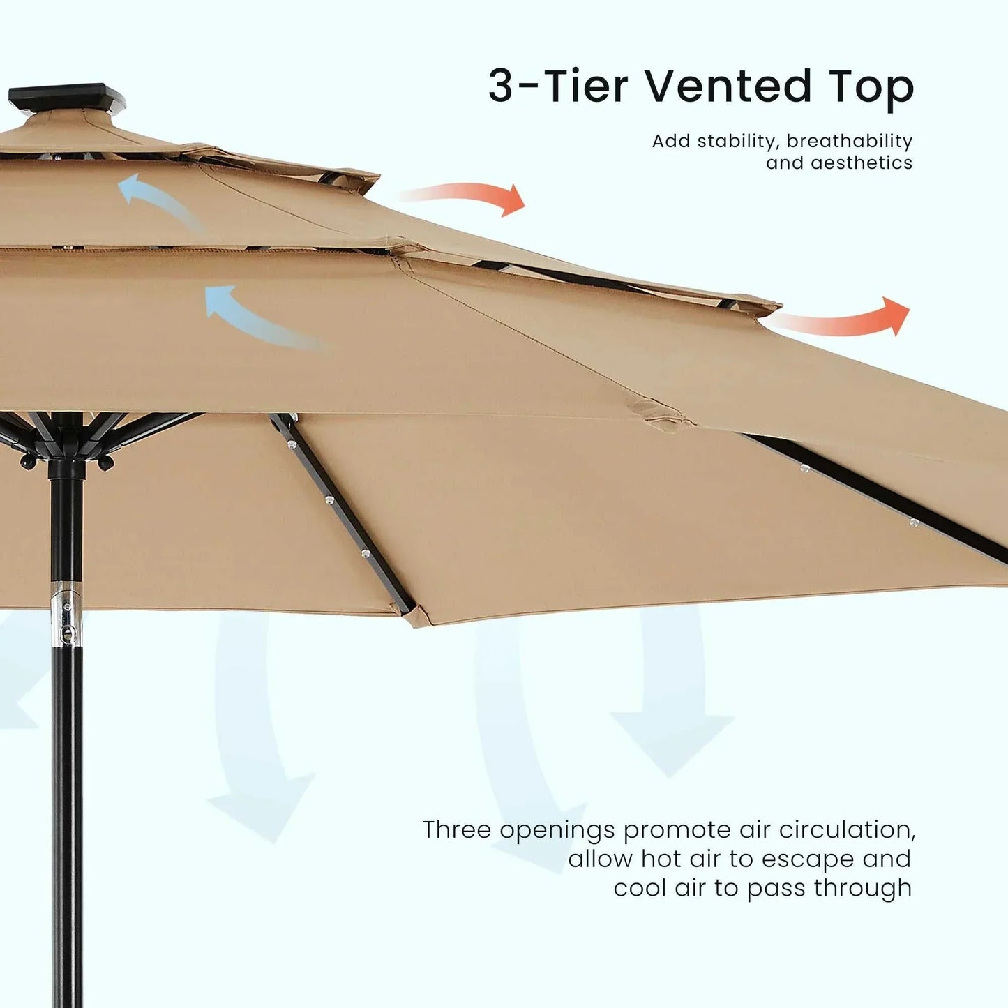 Close-up of Patio Umbrella Solar Glow with LED featuring a 3-tier vented top for improved air circulation and stability