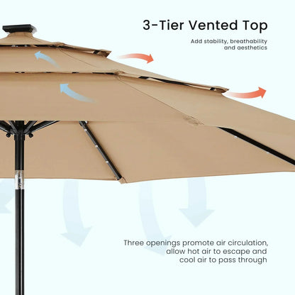 Close-up of Patio Umbrella Solar Glow with LED featuring a 3-tier vented top for improved air circulation and stability