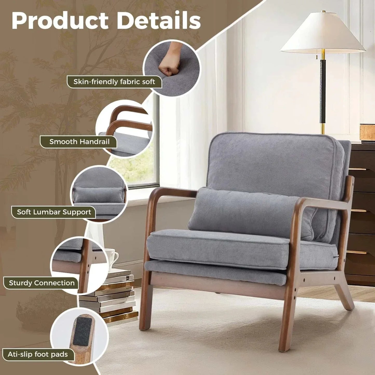 Mid Century Wooden Lounge Chair with rubberwood frame, gray fabric cushions, smooth handrails, soft lumbar support, and anti-slip foot pads in modern living room setting