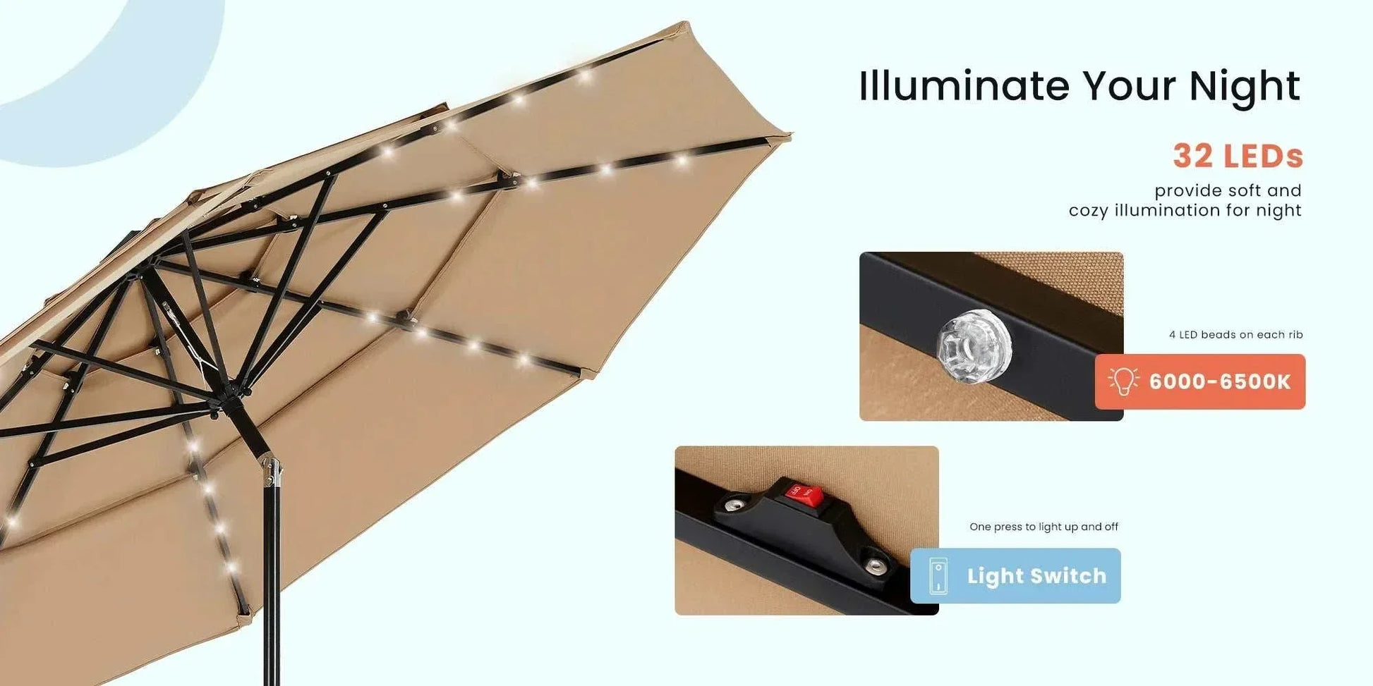 Patio Umbrella Solar Glow with LED lights and solar-powered illumination for outdoor shade and ambiance