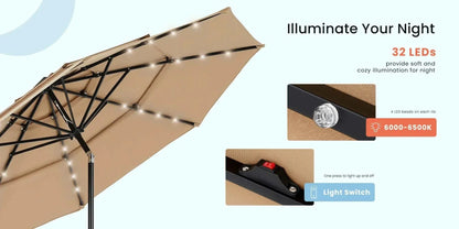 Patio Umbrella Solar Glow with LED lights and solar-powered illumination for outdoor shade and ambiance