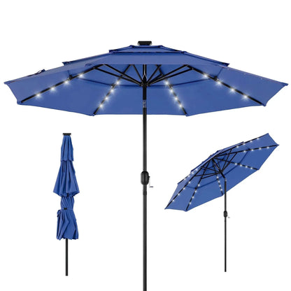 Blue patio umbrella solar glow with LED lights and iron frame for outdoor shading and lighting