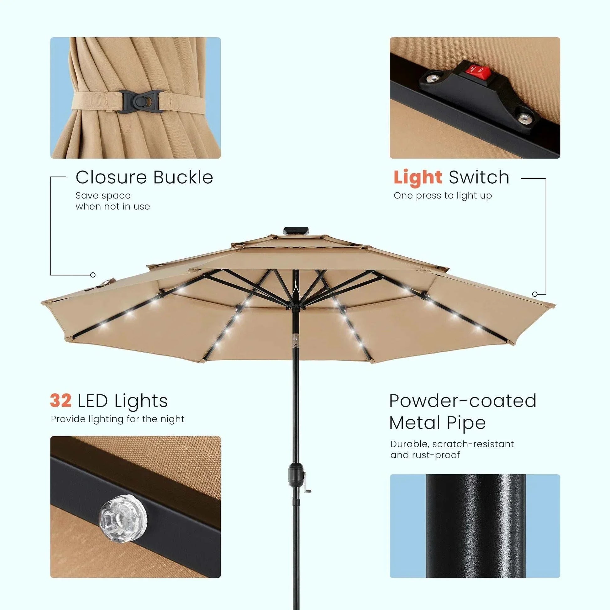 Patio umbrella with solar-powered 32 LED lights, beige canopy, iron frame, and manual operation for outdoor shade and lighting