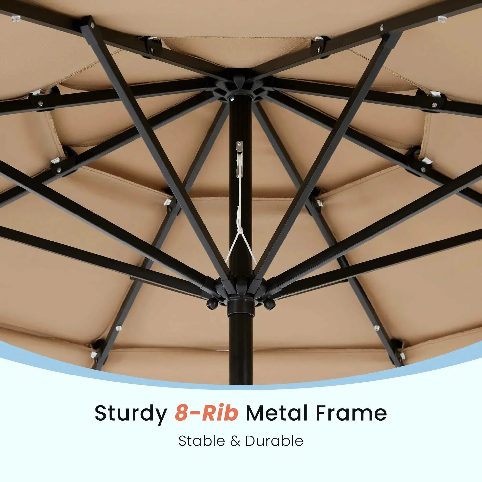 Underneath view of Patio Umbrella Solar Glow with LED showing sturdy 8-rib metal frame and beige canopy