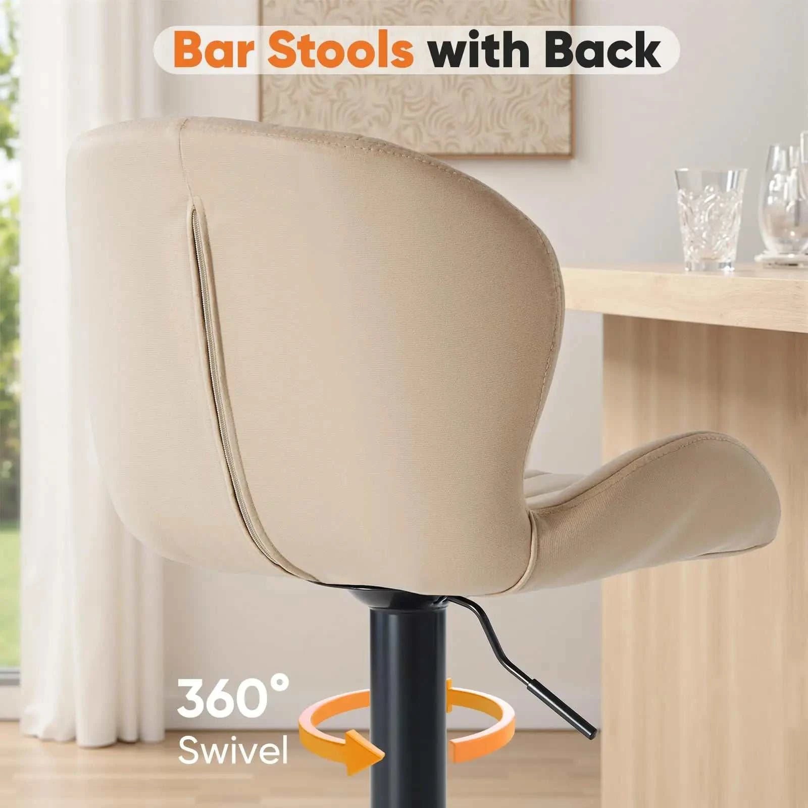 Beige bar stool with backrest and 360-degree swivel feature at a dining bar.