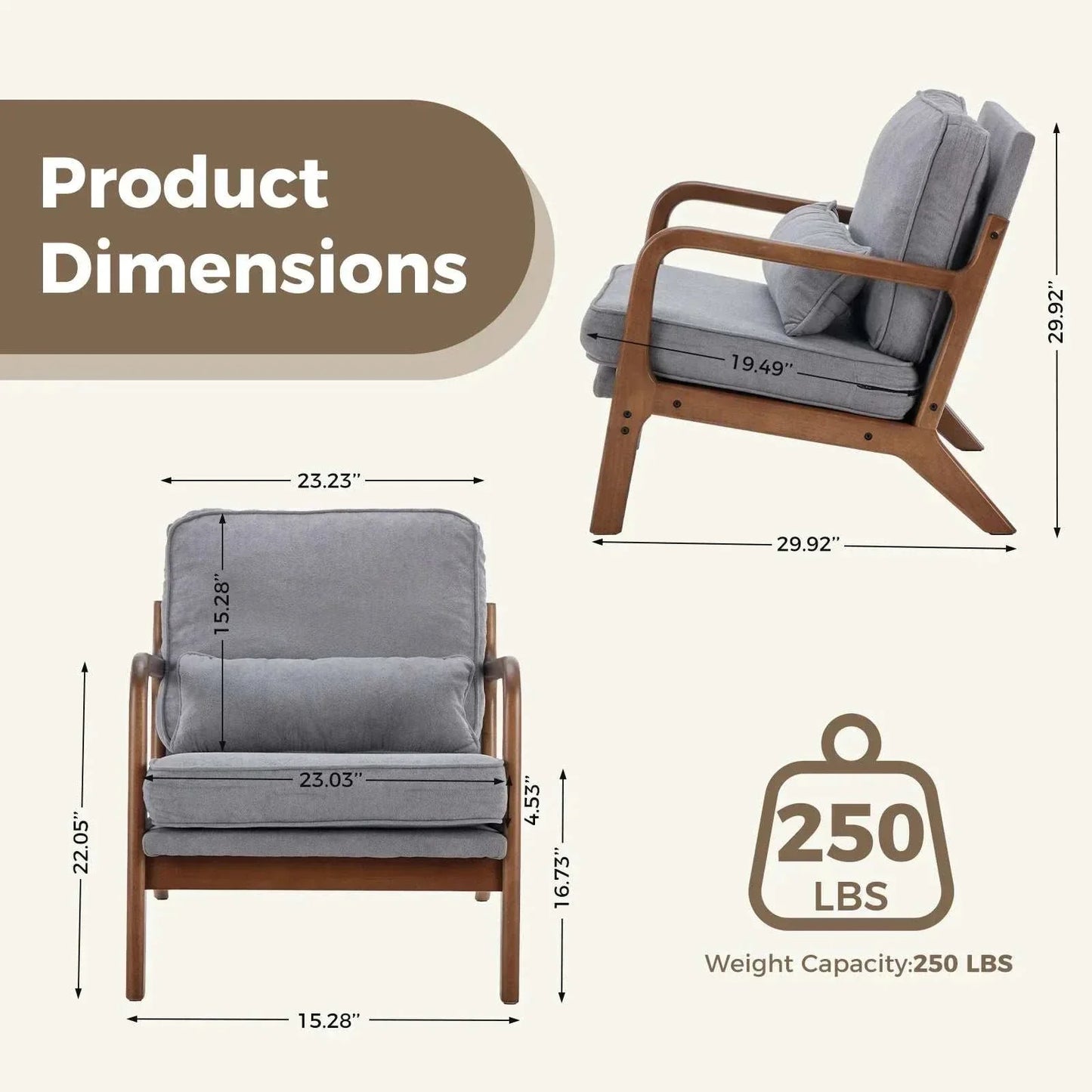 Mid century wooden lounge chair with rubberwood frame and gray fabric cushions, dimensions and weight capacity shown