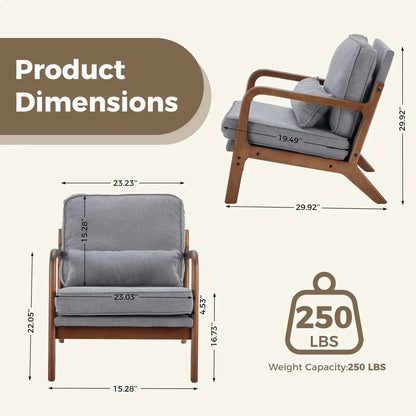 Mid century wooden lounge chair with rubberwood frame and gray fabric cushions, dimensions and weight capacity shown