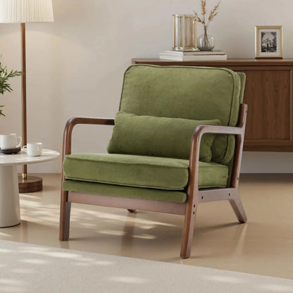 Mid century wooden lounge chair with green cushions and rubberwood frame in modern living room setting
