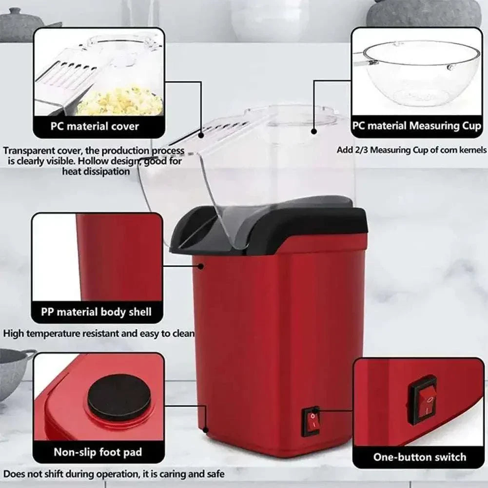 User-friendly hot air popcorn maker with measuring cup, non-slip foot pad, and one-button switch for easy use.hot air popcorn maker 