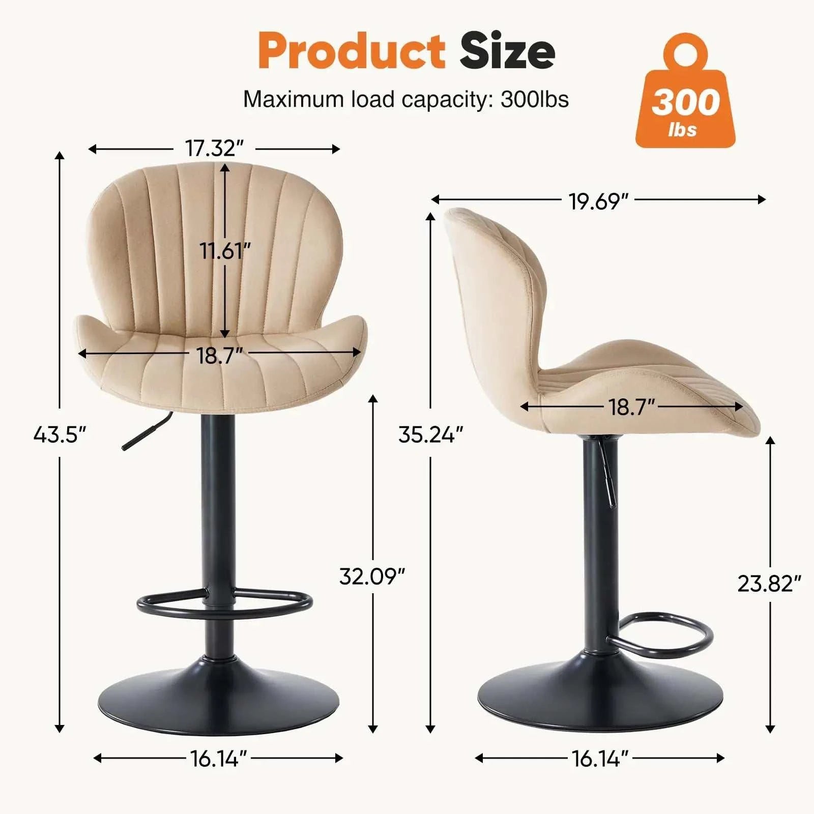 Elegant Swivel Dining Chairs Set of 2 in beige with measurements and 300 lbs weight capacity.