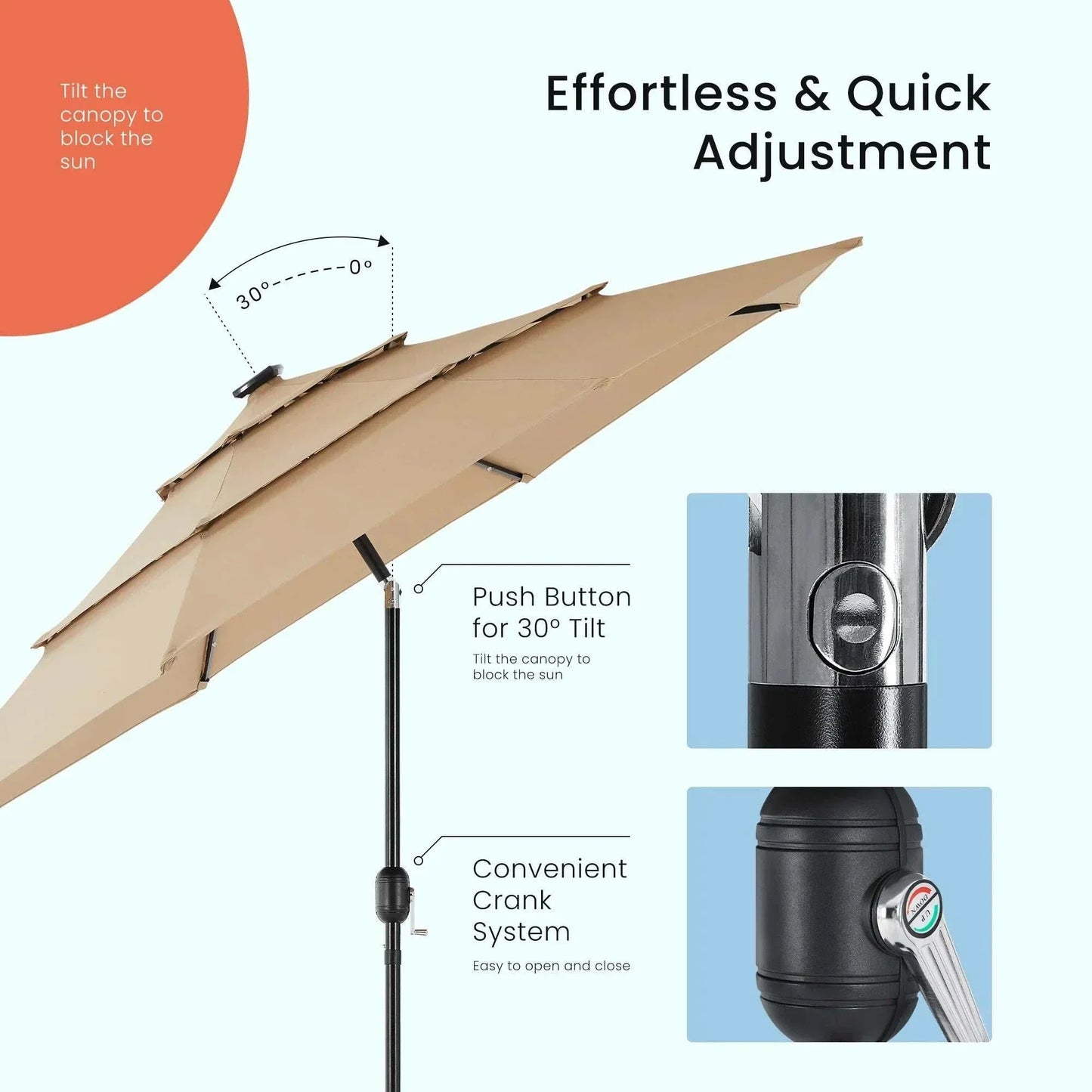 Patio Umbrella Solar Glow with LED showing easy tilt and crank adjustment system