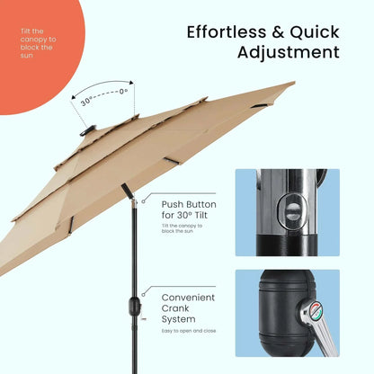 Patio Umbrella Solar Glow with LED showing easy tilt and crank adjustment system