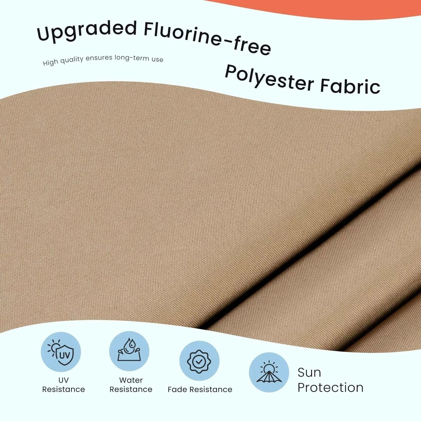 Close-up of upgraded fluorine-free polyester fabric for Patio Umbrella Solar Glow with LED showing UV, water, and fade resistance with sun protection features