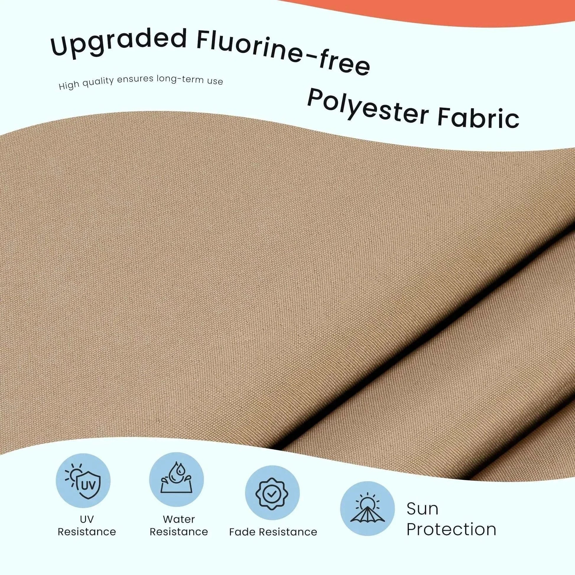 Close-up of upgraded fluorine-free polyester fabric for Patio Umbrella Solar Glow with LED showing UV, water, and fade resistance with sun protection features