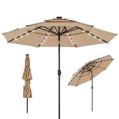 Patio Umbrella Solar Glow with LED lights beige canopy with iron frame and solar-powered LED strip lighting under ribs