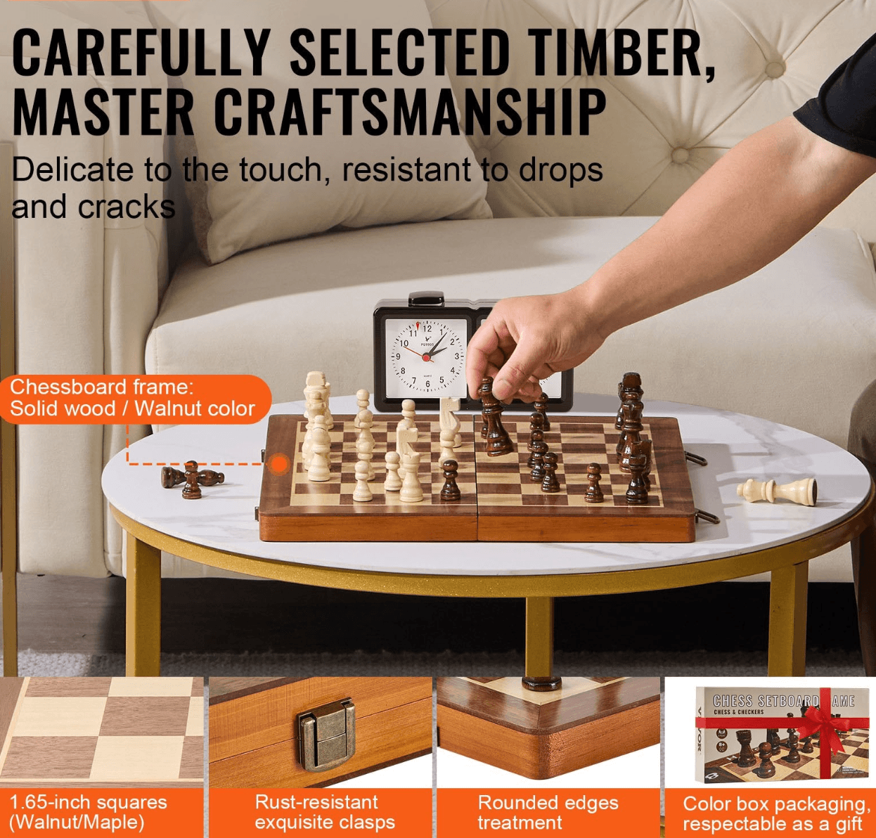 Magnetic Chess and Checkers Set displayed on a stylish coffee table with a classic wooden design and elegant chess pieces.