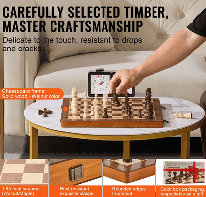 Magnetic Chess and Checkers Set displayed on a stylish coffee table with a classic wooden design and elegant chess pieces.