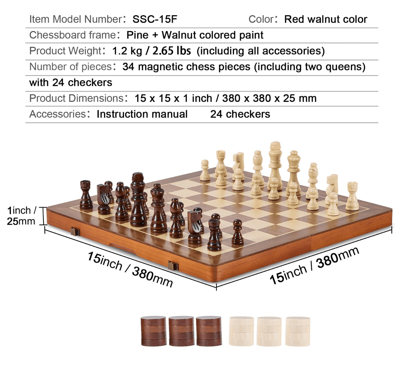 Magnetic Chess and Checkers Set with red walnut board and strong magnetic pieces, ideal for home and travel.