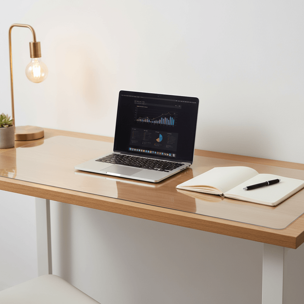 Clear Table Protector 42×72 Inch on a desk with a laptop, notebook, and lamp, showcasing protection and clarity.