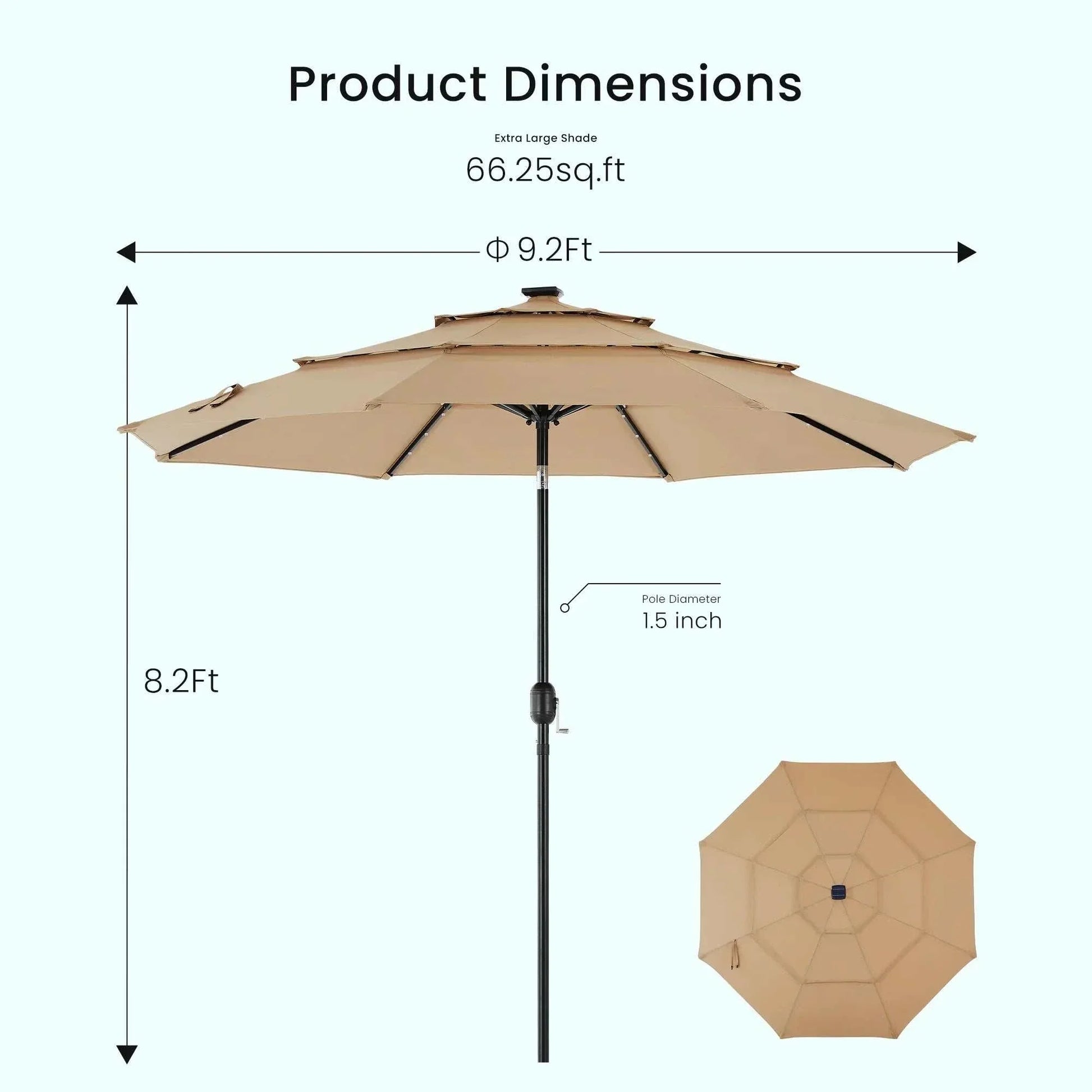 Patio Umbrella Solar Glow with LED lights 9.2 ft wide beige outdoor shade with iron frame and solar-powered LEDs