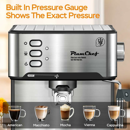 Home Barista Espresso Master 20-bar espresso machine with built-in pressure gauge and stainless steel steam wand for cafe-quality coffee at home