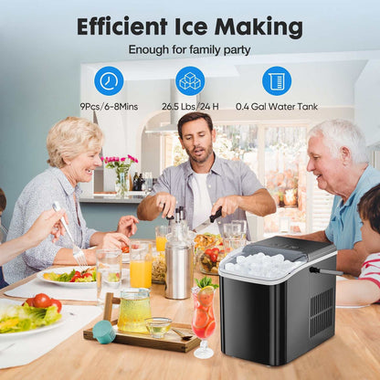 QuickChill Portable Ice Maker producing ice cubes at family gathering on kitchen table