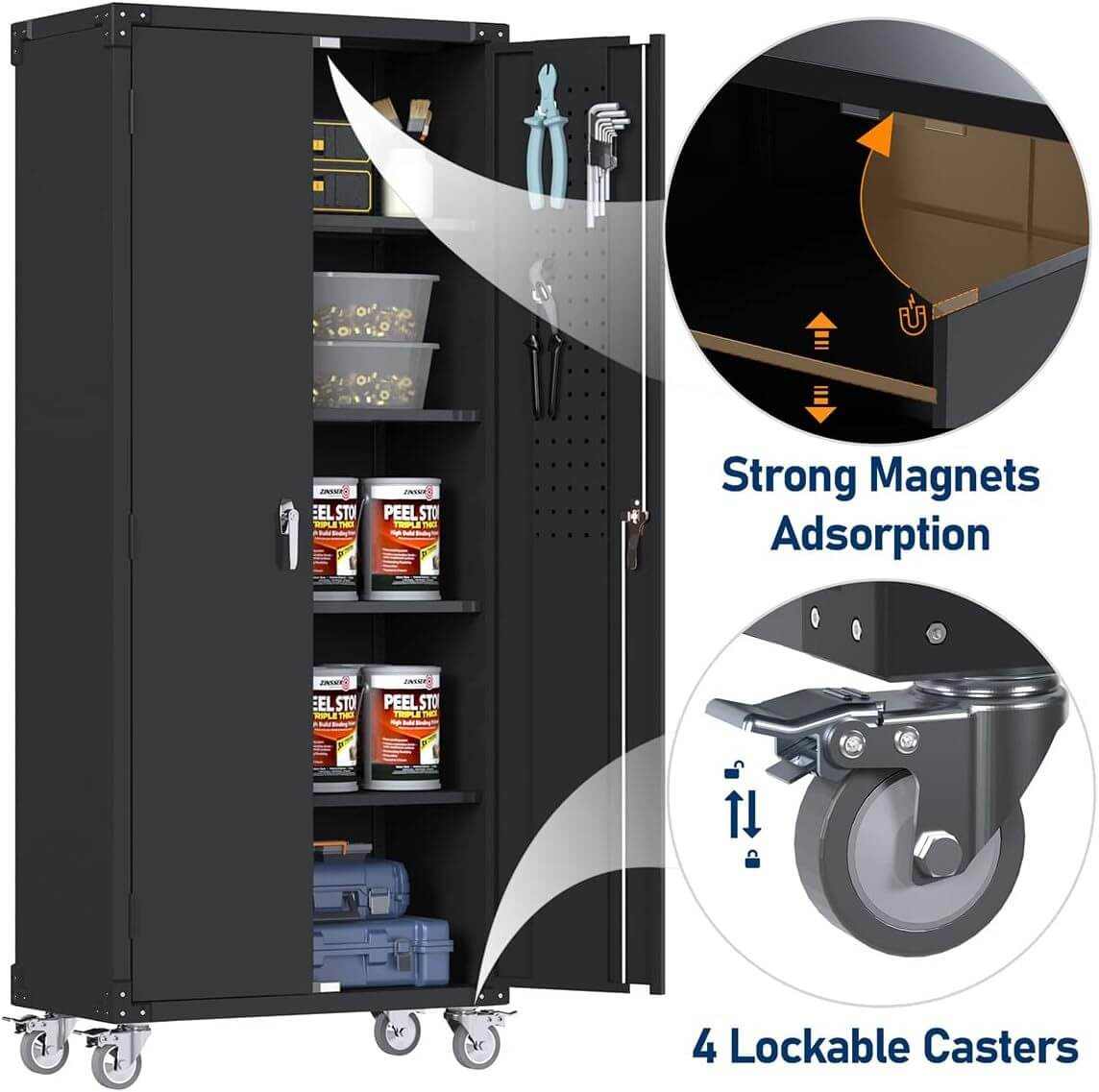 Black rolling garage organizer with lockable doors, four adjustable shelves, strong magnetic adsorption, and four lockable caster wheels for easy mobility and secure storage.