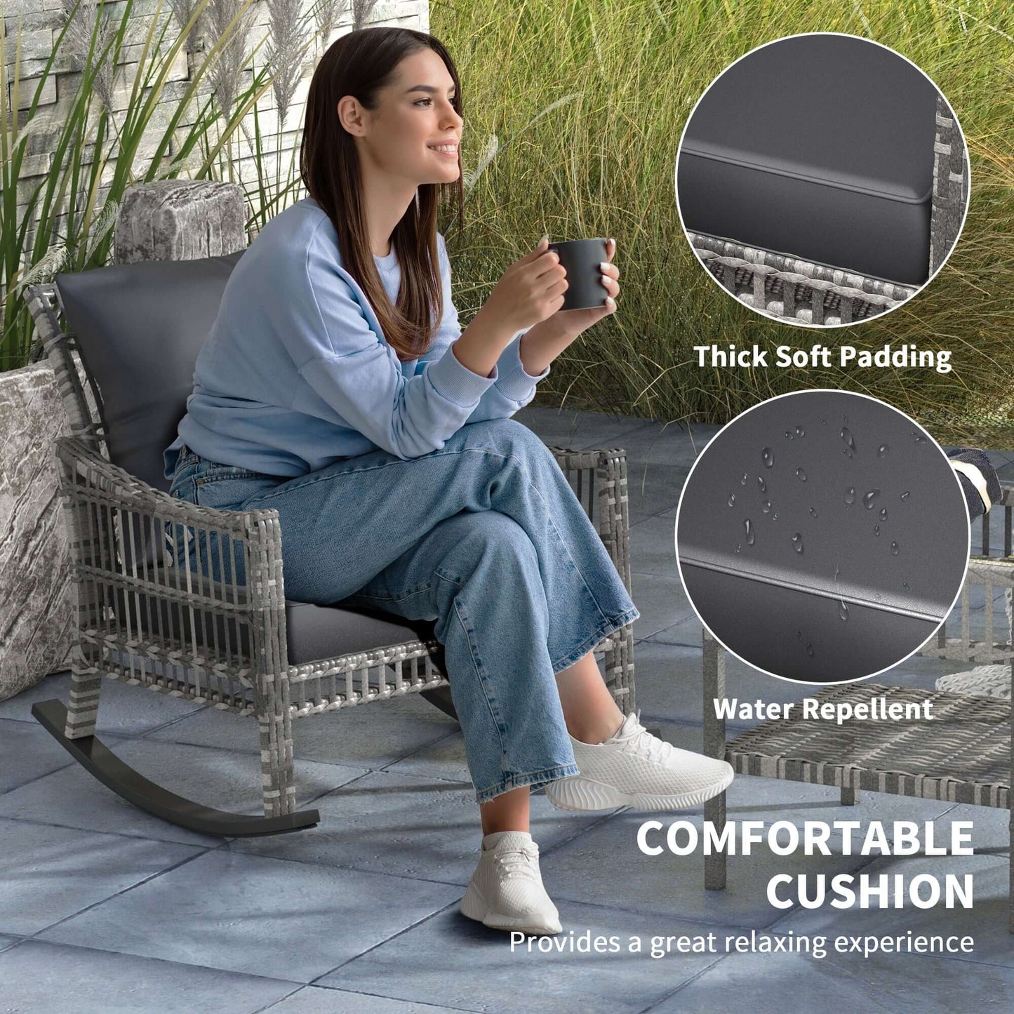 3-piece outdoor rattan rocking chair set side profile view